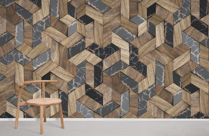 Abstract Wallpaper Mural with Geometric Patterns in Wood and Marble for Home Decoration