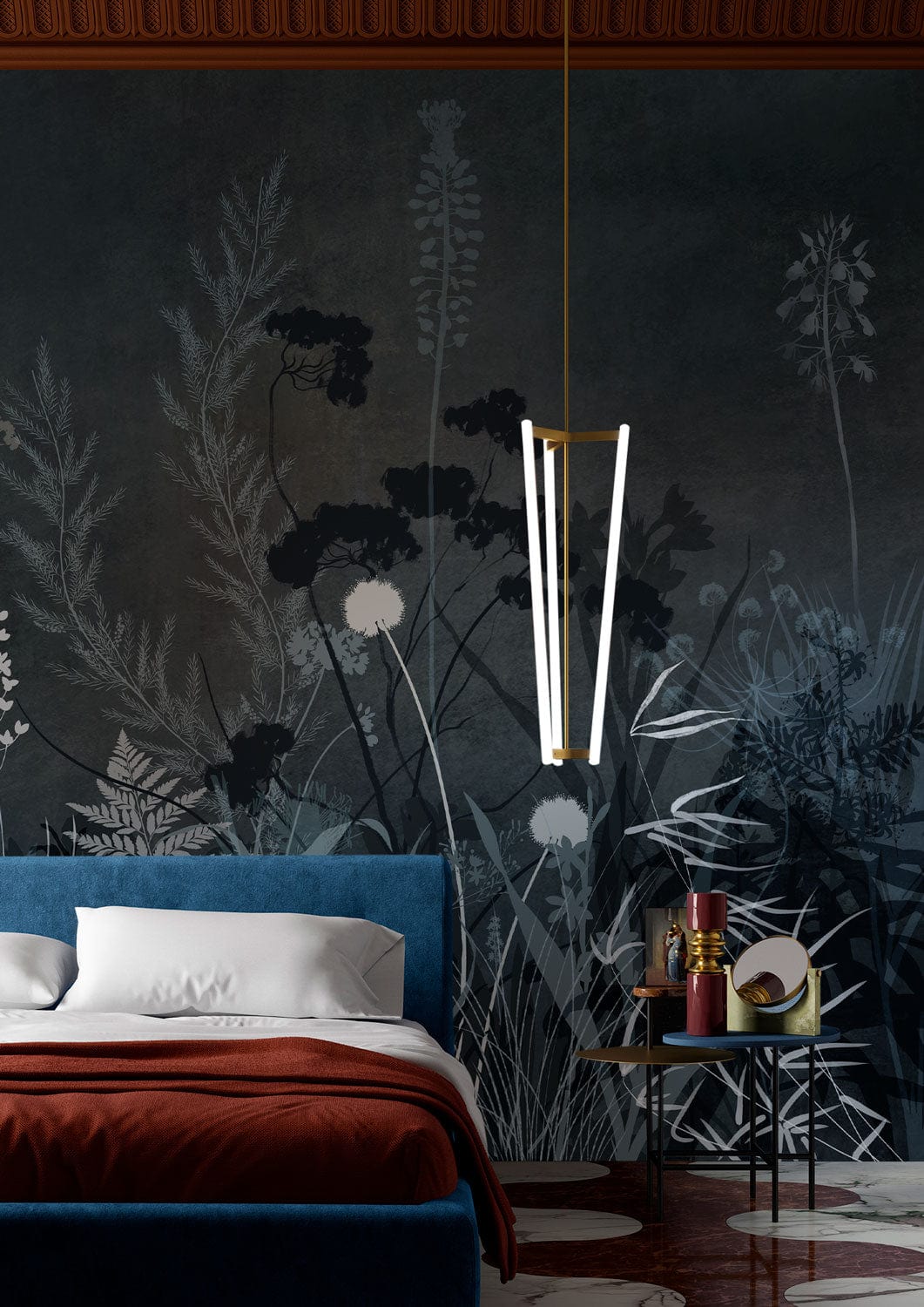 Wallpaper mural featuring a silhouette of dark bushes, ideal for use as a bedroom decoration