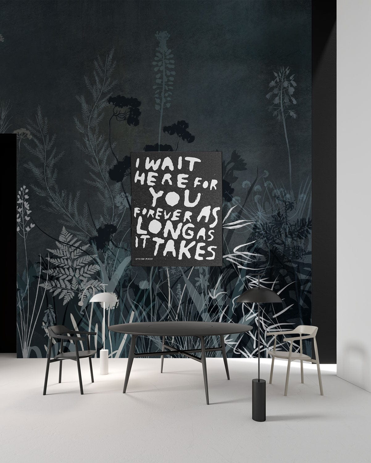 Wallpaper mural featuring a silhouette of dark bushes, perfect for decorating the dining room.