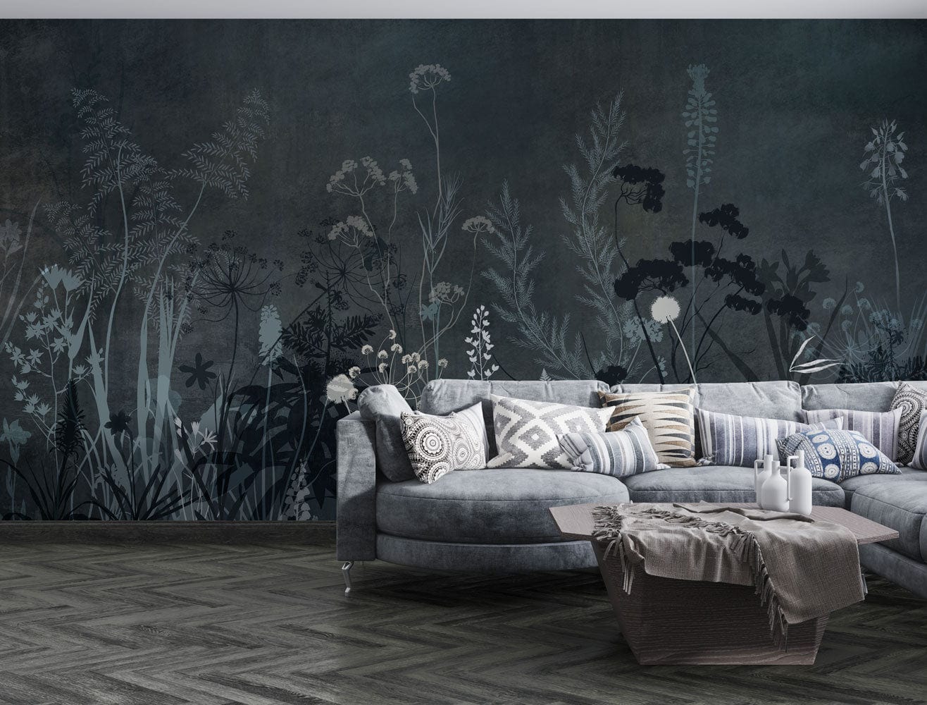 Wallpaper mural featuring a silhouette of dark bushes, perfect for decorating the living room.