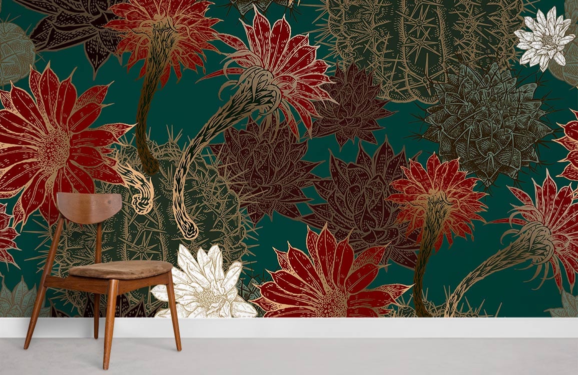 Dark Cactus Flower Pattern Wallpaper Room