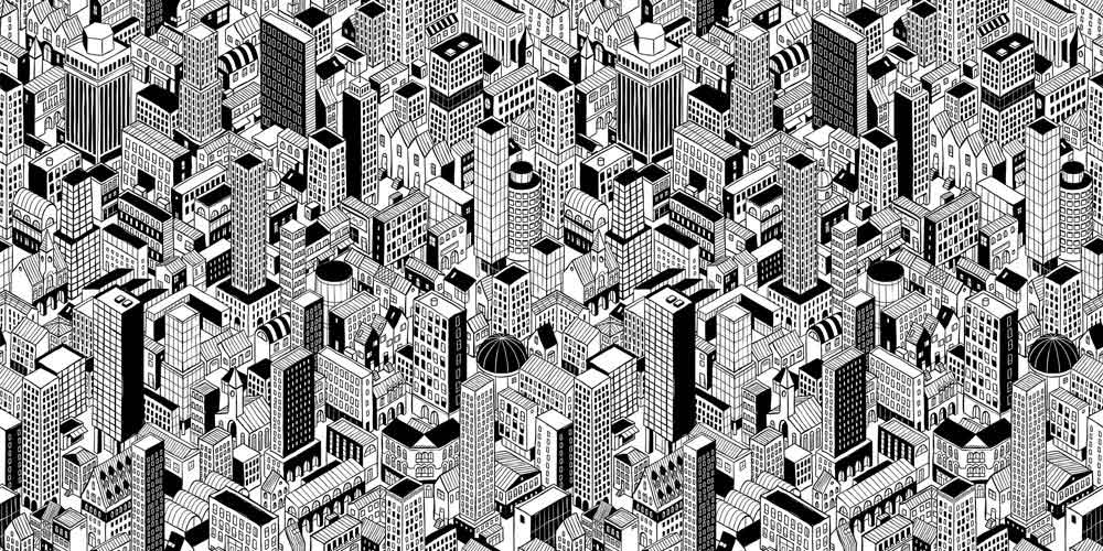 Monochrome Geometric Cityscape Mural Wallpaper
