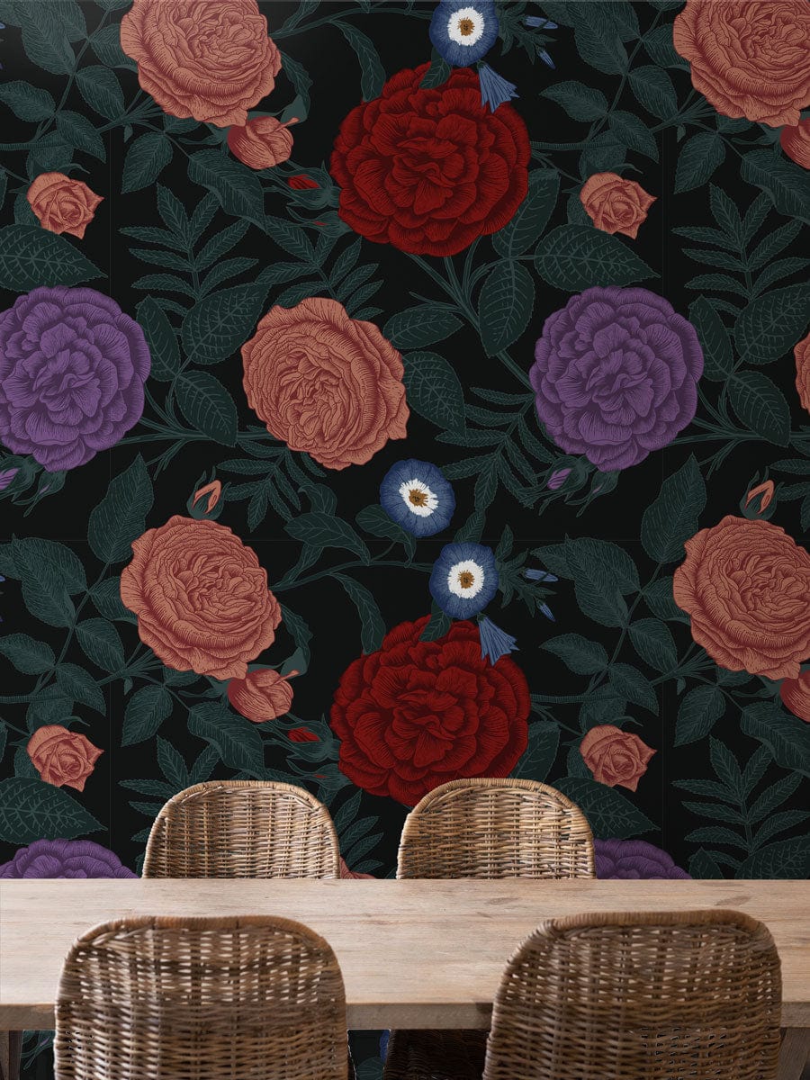 Wallpaper mural featuring dark and colorful blossoms, perfect for decorating the dining room.