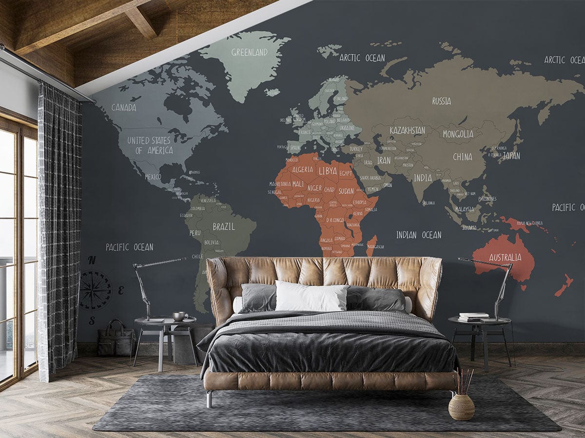 Dark Country Map Wallpaper Mural for Use in Decorating Bedrooms