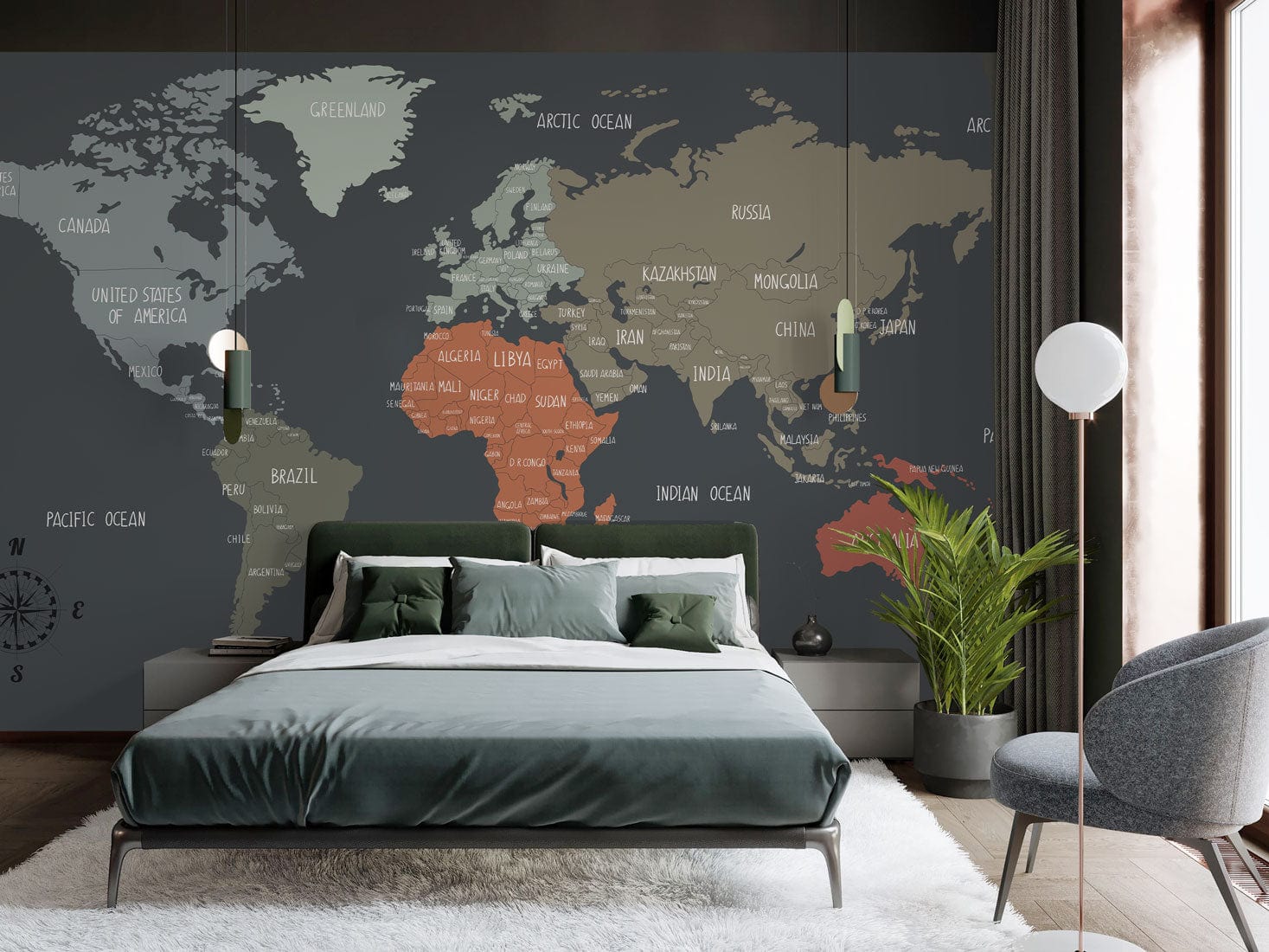 Wallpaper mural with a dark country map design that may be used for decorating bedrooms.