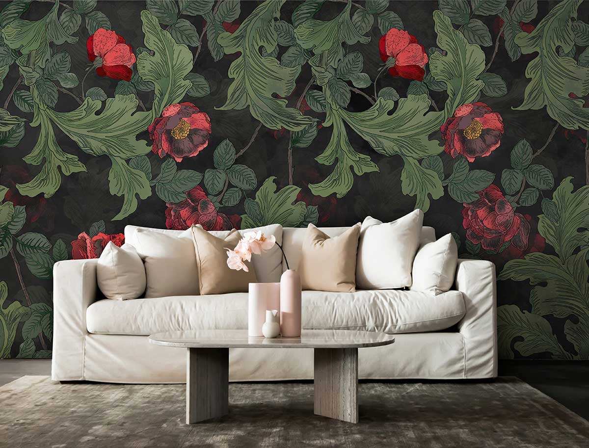 custom green leaf and red flowers pattern wallpaper mural for hallway