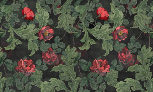 custom green leaf and red flowers pattern wallpaper mural for room decor