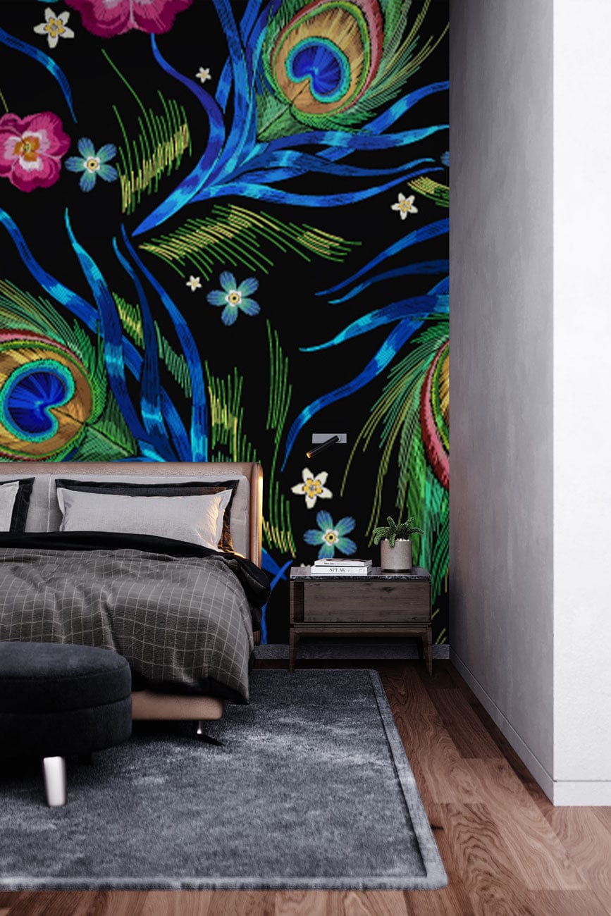 Wallpaper mural with a dark embroidery design of peacock feathers, perfect for decorating a bedroom.