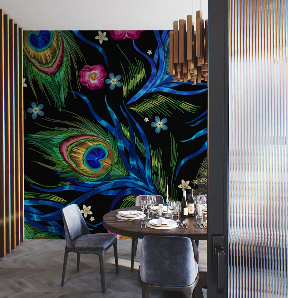 Wallpaper mural with a dark embroidered peacock feather design that can be used to decorate the dining room.