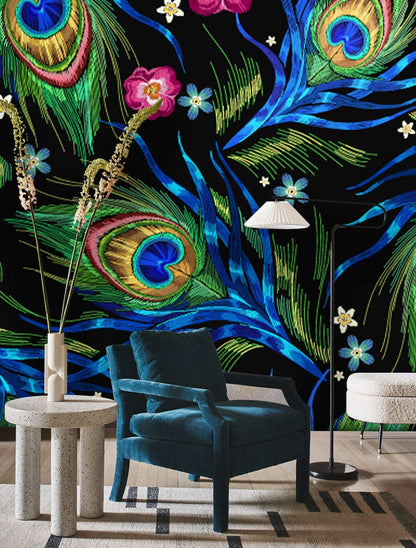 Wallpaper mural with a dark embroidered peacock feather design for the hallway's decor.