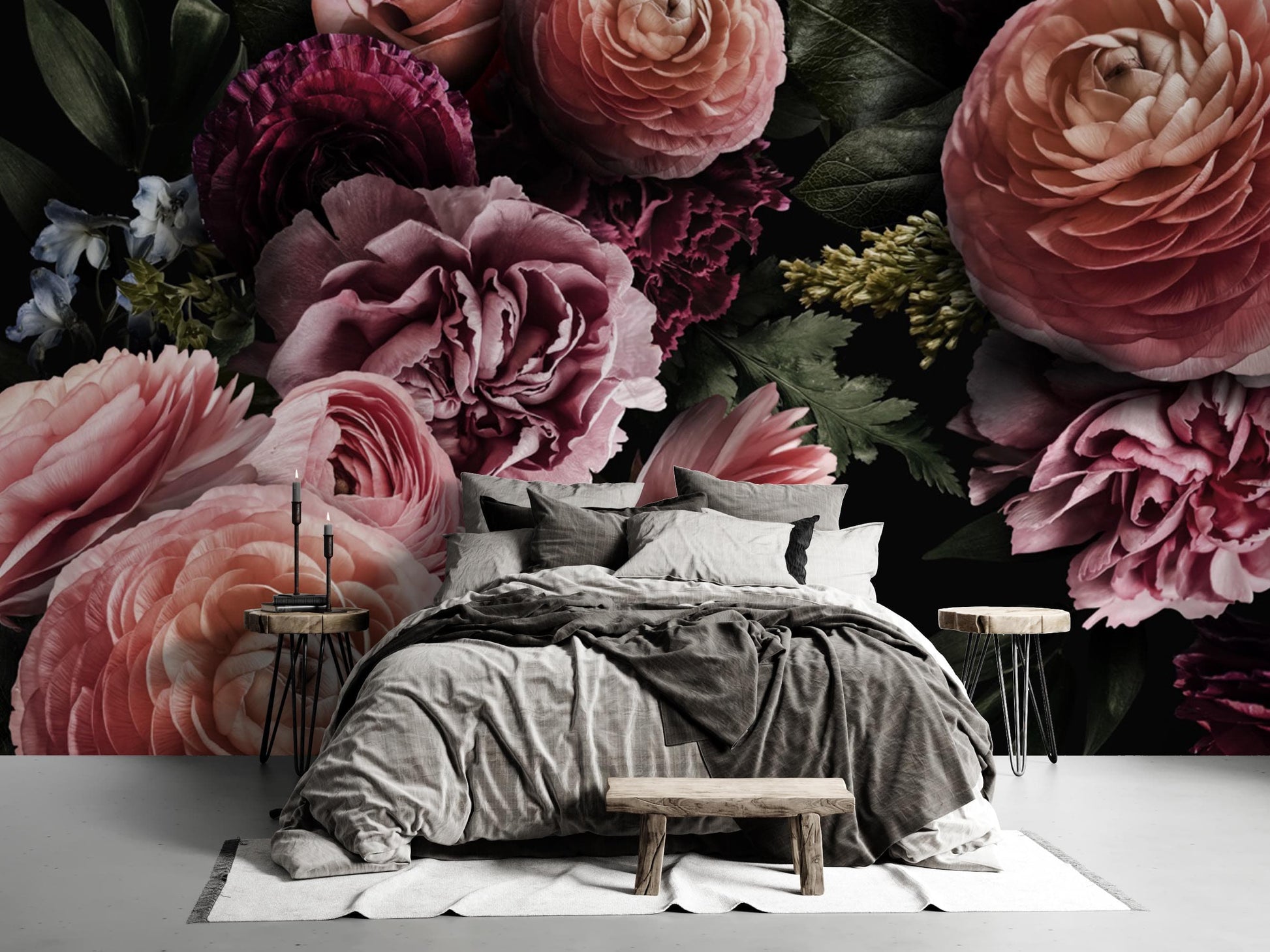 Wallpaper of a Dark Flower Bouquet in a Bedroom