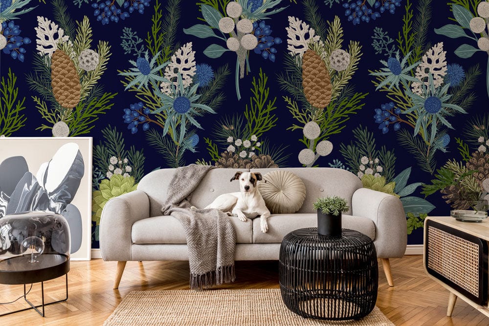 Wallpaper mural featuring a dark flower bouquet design, perfect for decorating the living room