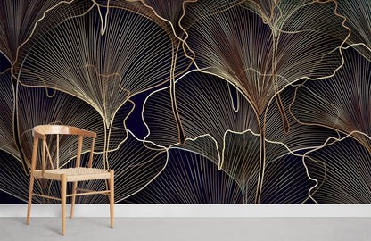 Dark Ginkgo Leaf Mural Wallpaper For Room