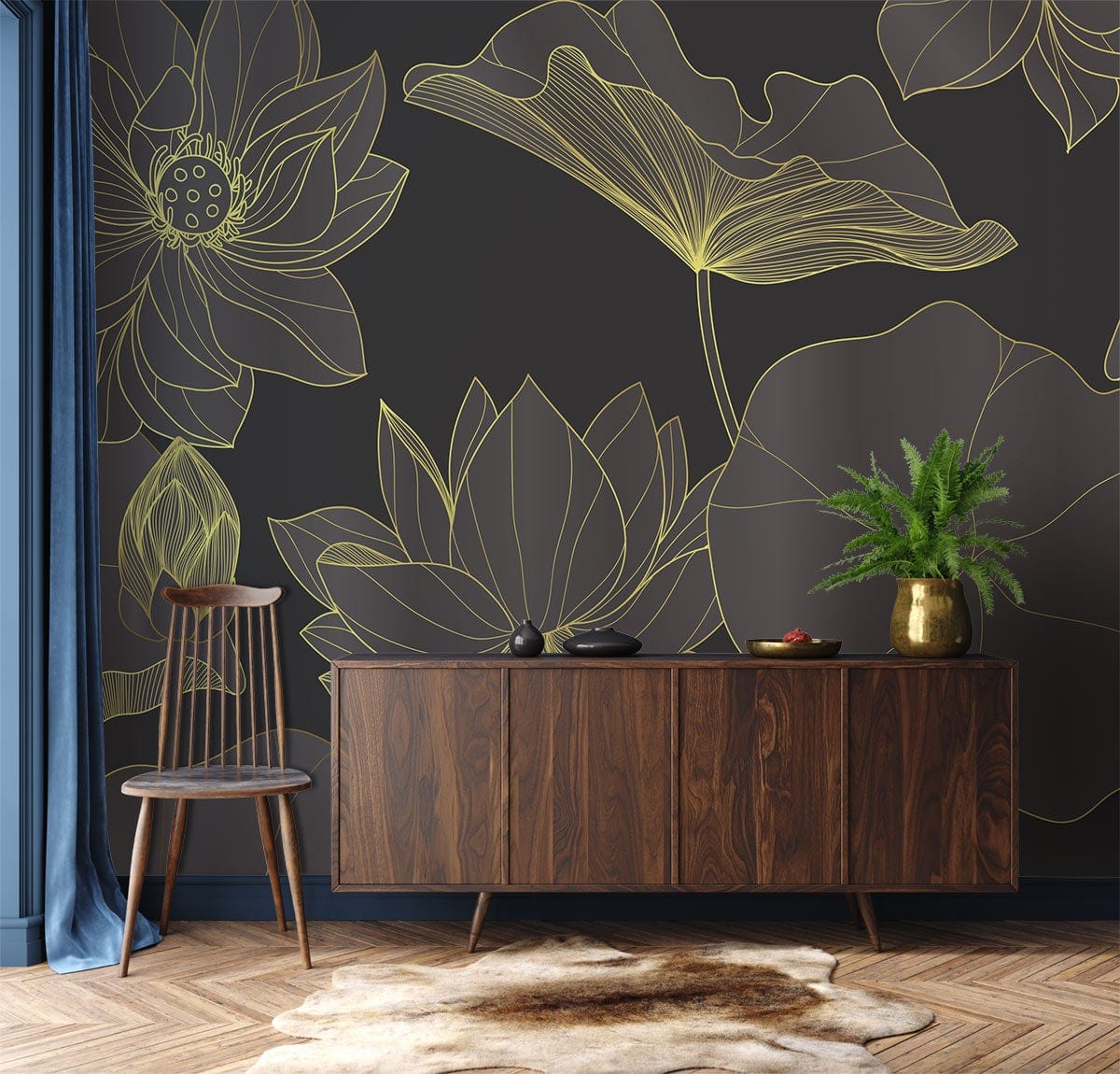 Dark Golden Lotus Wall Mural for Living Room