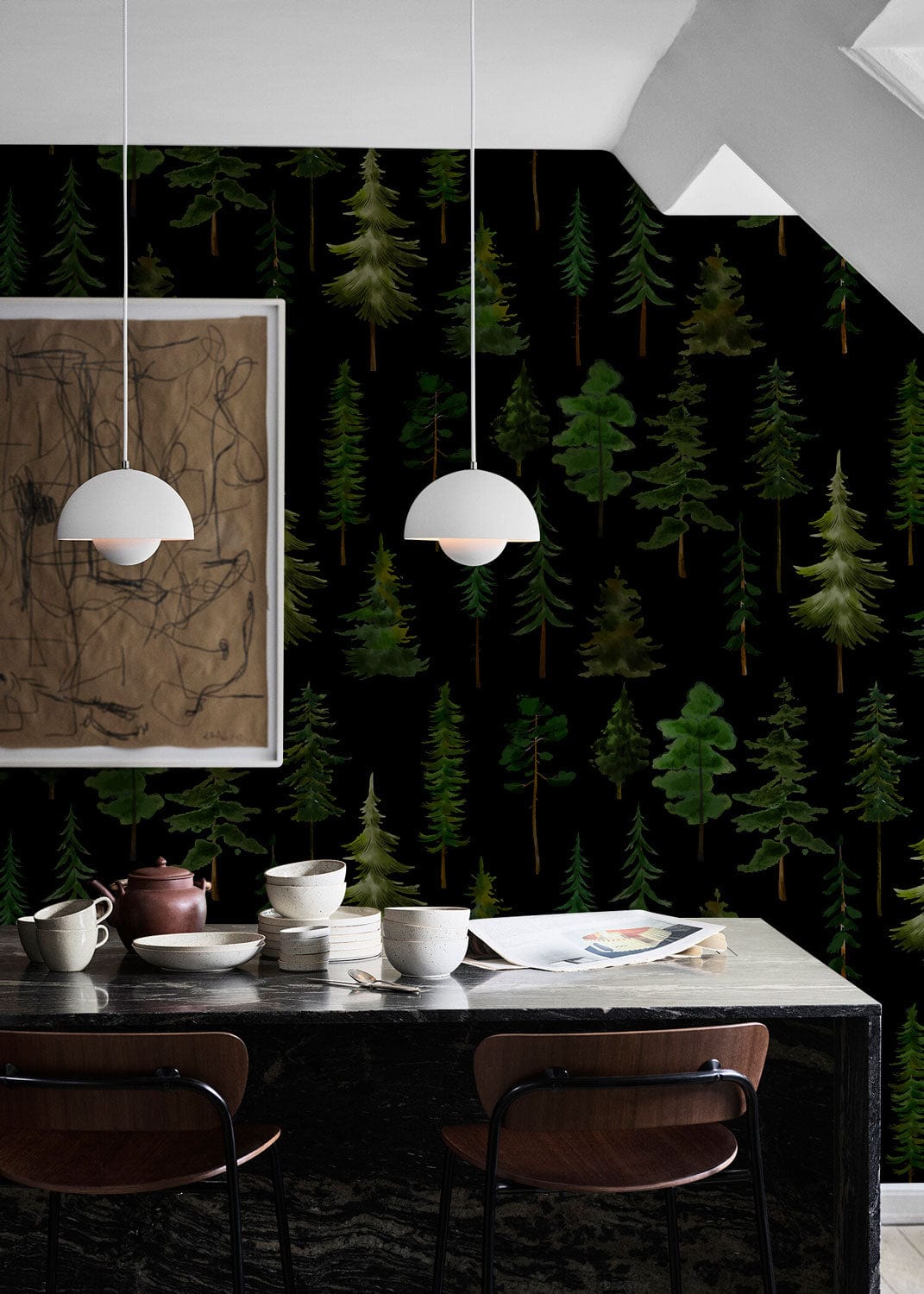 dark green forest wallpaper mural dining room decor