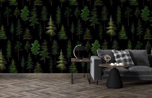 dark green forest wallpaper mural hallway design