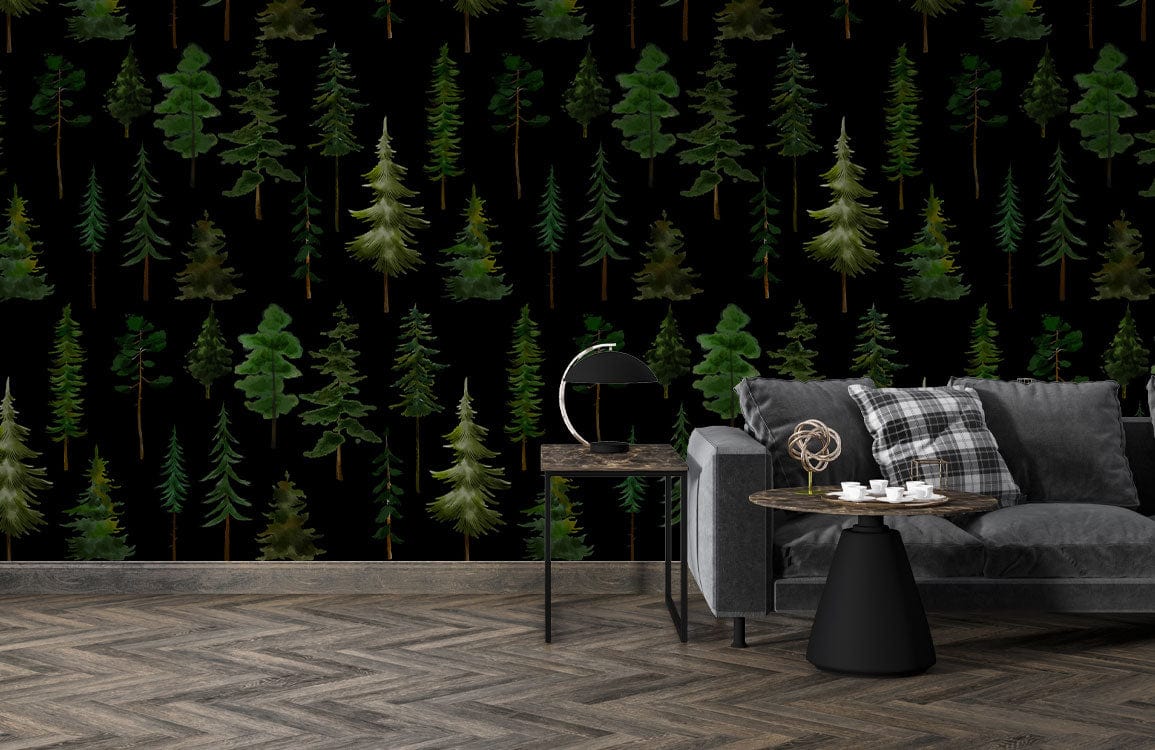 dark green forest wallpaper mural hallway design