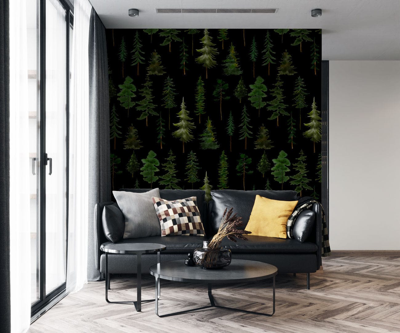 dark green forest wallpaper mural lounge interior design