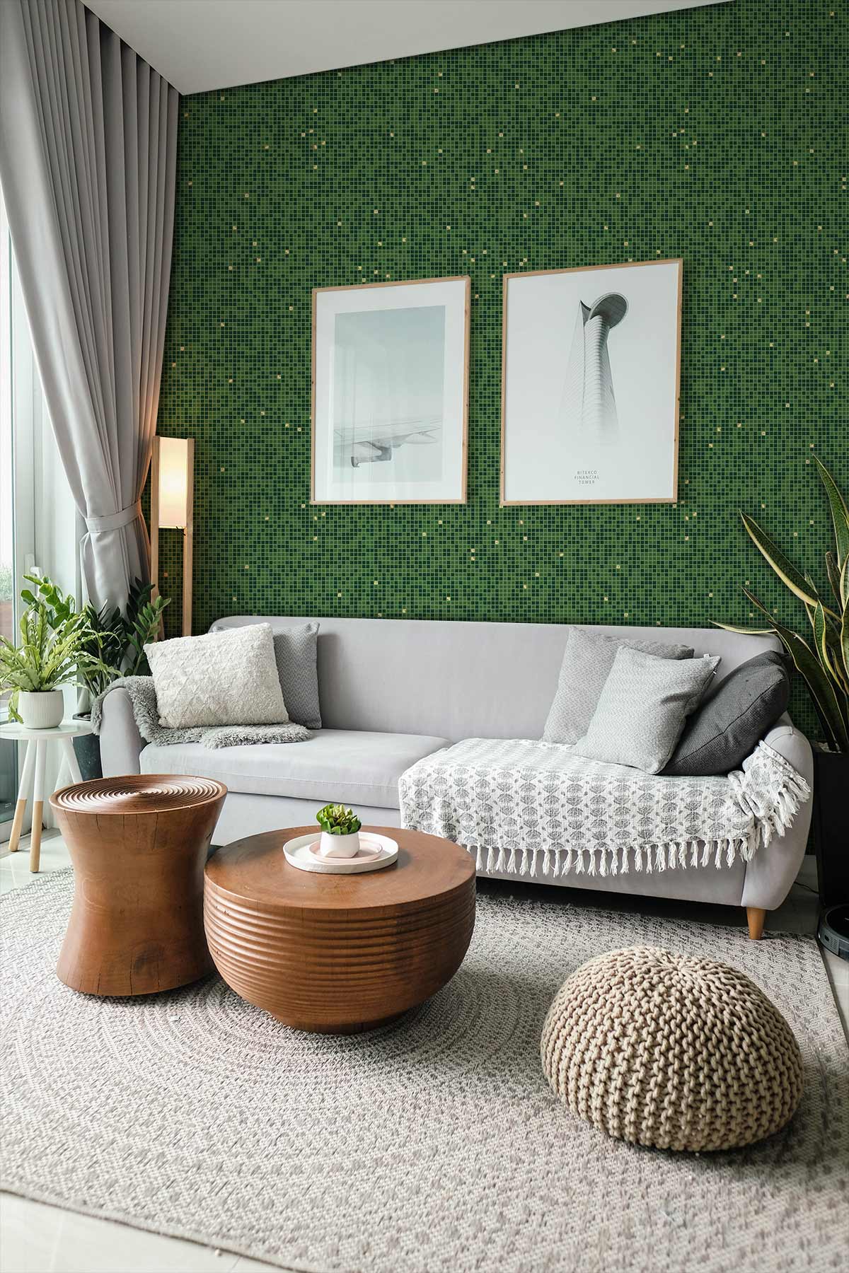 Living Room Mosaic Wallpaper in a Dark Green Color Scheme