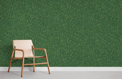 Mural room covered with dark green mosaic wallpaper.