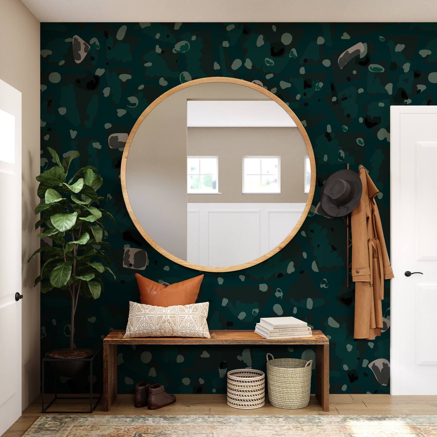 Living Room Wallpaper Mural Featuring Marble Pieces in Green Color Scheme