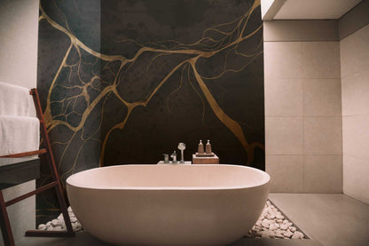 Bathroom with a Mural of Dark Marble Wallpaper