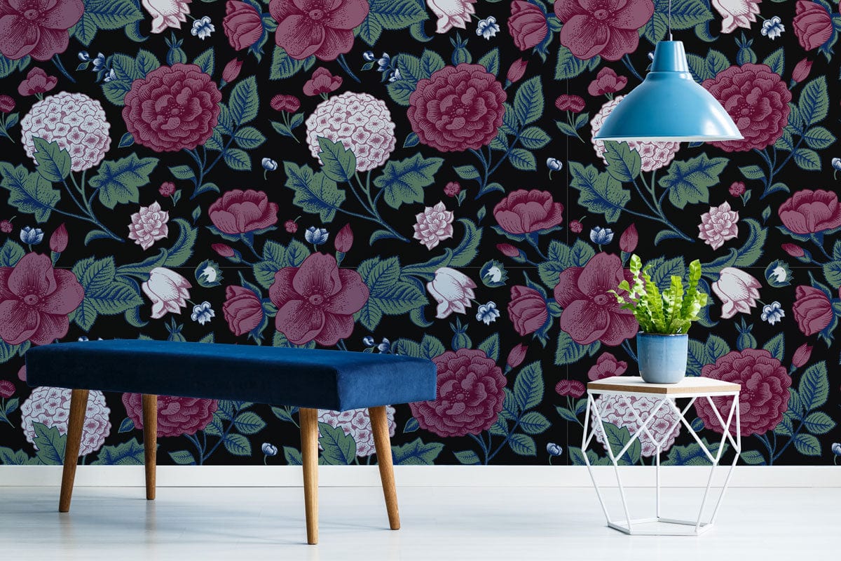 Wallpaper mural featuring a dark hydrangea bouquet design for use in decorating the hallway