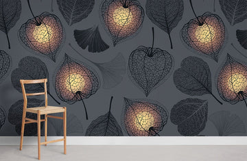 Elegant Grey Botanical Leaf Mural Wallpaper