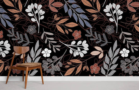 Dark Leaves & Flower Pattern Wallpaper Room