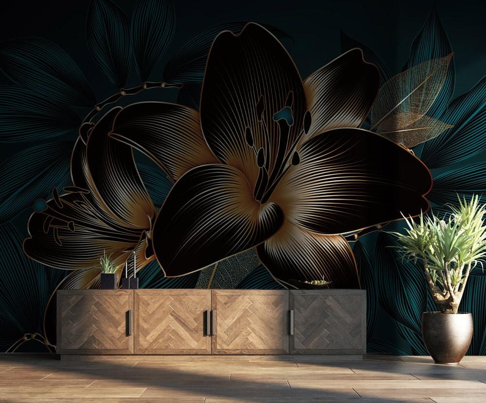 Wallpaper mural featuring a dark lily flower design, perfect for the living room.