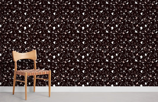 Wallpaper Mural Covering in a Dark Brown Terrazzo and Marble Pattern Room