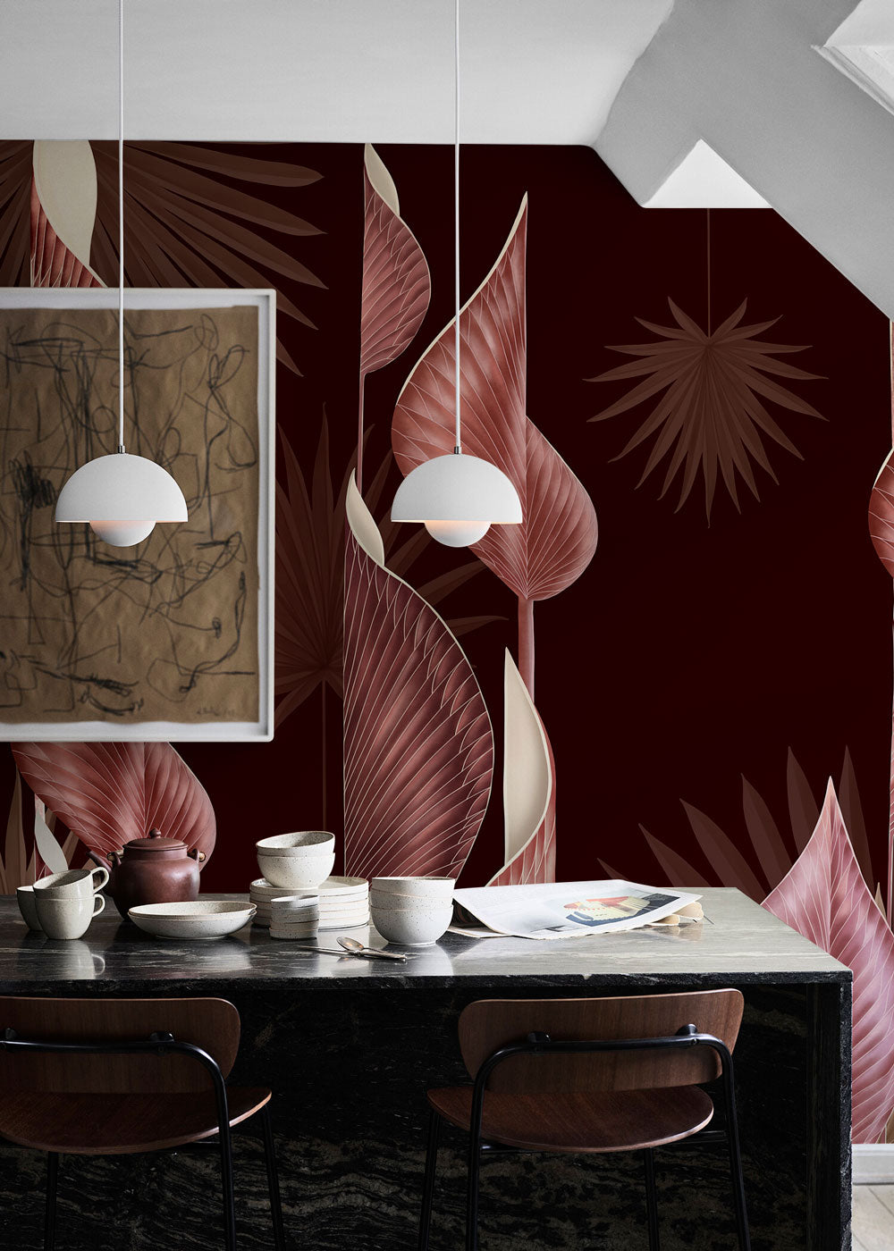 custom pink 3d leaves wallpaper mural for dining room