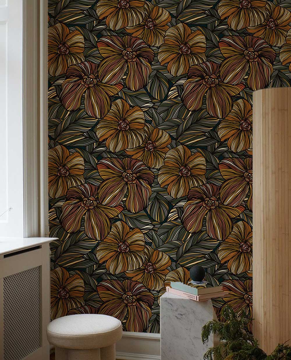 custom mixed orange flower wallpaper mural hallway