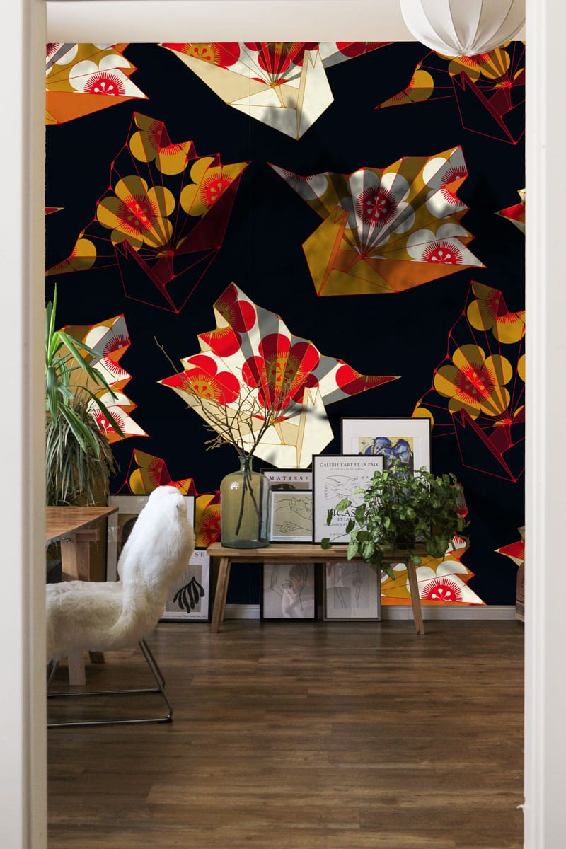 Wallpaper mural with a dark paper crane design for the hallway's decor