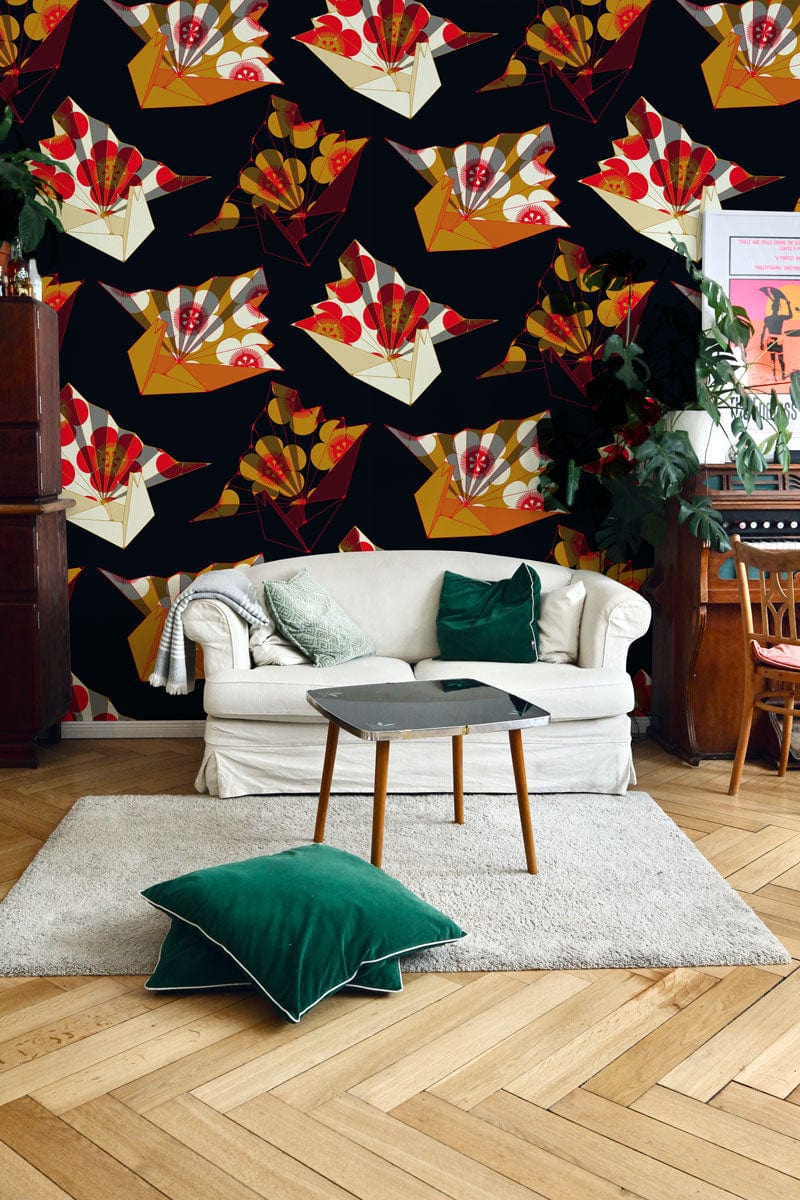 Wallpaper mural with a dark paper crane design for the living room decor