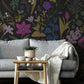 Wallpaper mural with dark purple flowers designed for use as living room decor