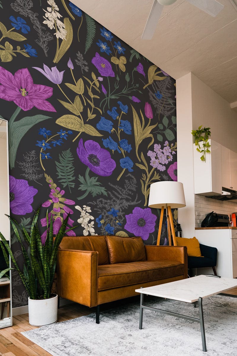 Wallpaper mural with dark purple flowers designed for use as living room decor