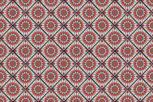Wallpaper with a repeating pattern of red flowers, intended for interior decorating