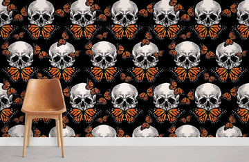 Monarch Butterfly Gothic Skull Mural Wallpaper