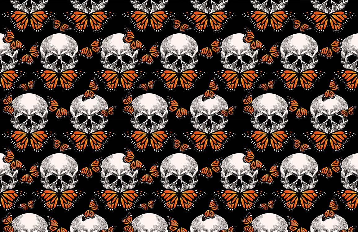 Monarch Butterfly Gothic Skull Mural Wallpaper