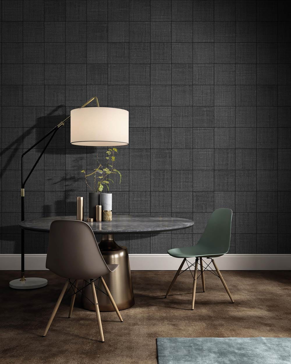 wallpaper with a square brick pattern in the living room