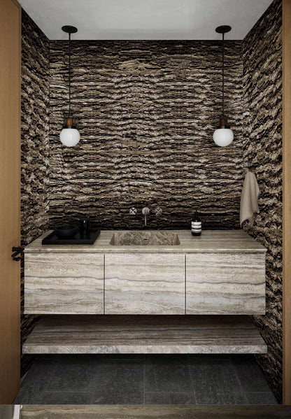 Rustic Textured Bark Pattern Mural Wallpaper in bathroom
