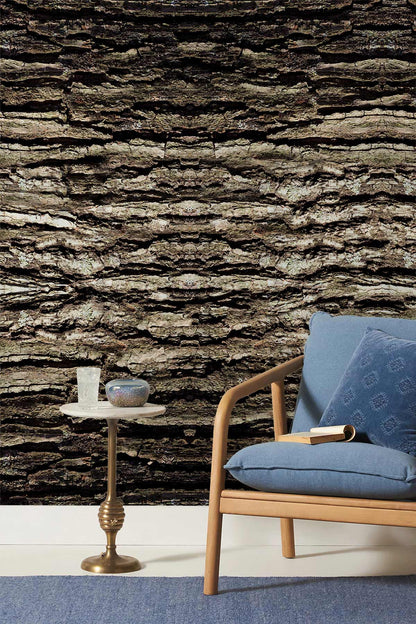Rustic Textured Bark Mural Wallpaper in living room