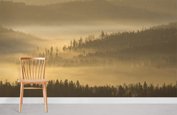 Misty Dawn Forest Landscape Mural Wallpaper