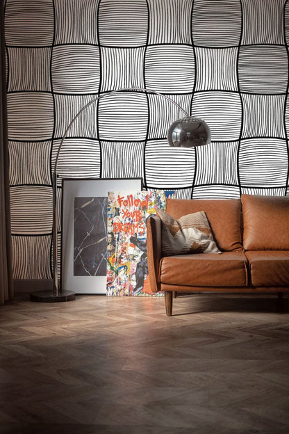 Modern Geometric Black White Dazzle Squares Wallpaper in living room