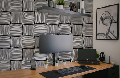 Modern Geometric Black White Dazzle Squares Wallpaper in office