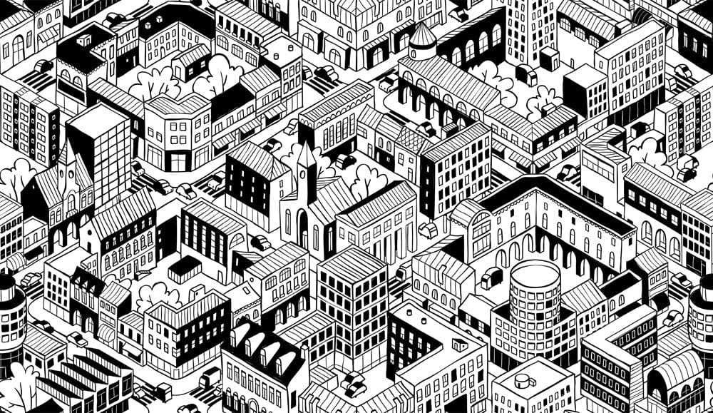 Monochrome Urban Landscape Mural Wallpaper