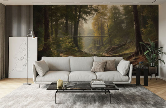 Enchanted Forest Stream Landscape Mural Wallpaper in living room
