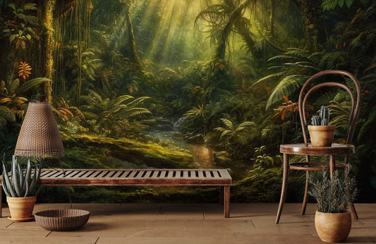 Tropical Jungle Sunrise Nature Mural Wallpaper in living room