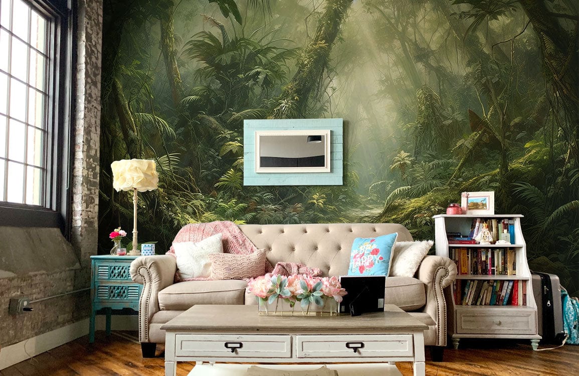 Mystical Forest Trail Wall Mural in living room